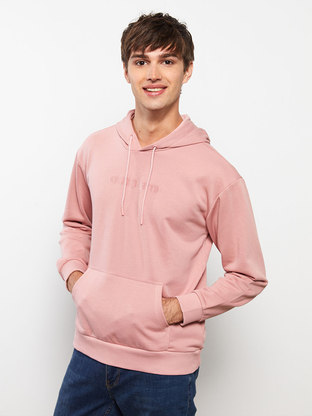 Pembe Uzun Kollu Baskılı Erkek Hoodie-1