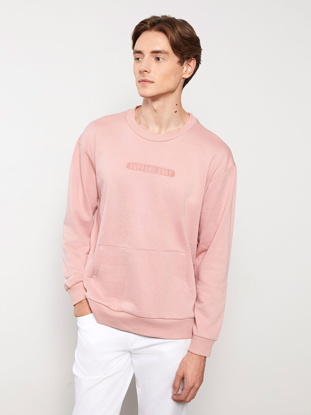 Pembe Bisiklet Yaka Uzun Kollu Baskılı Erkek Sweatshirt-1