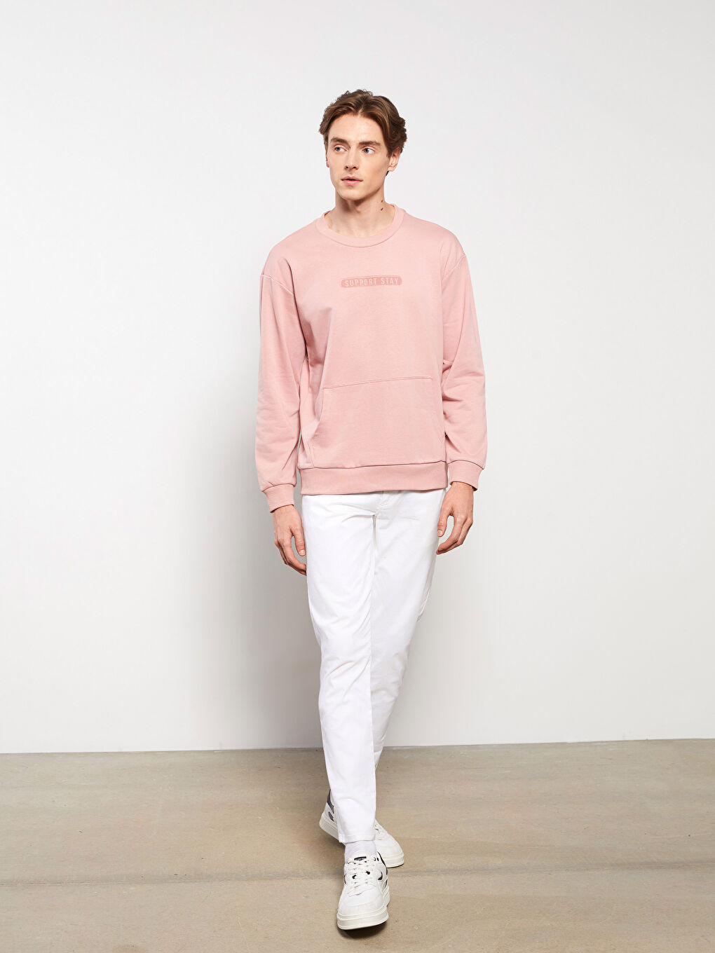 Pembe Bisiklet Yaka Uzun Kollu Baskılı Erkek Sweatshirt-2
