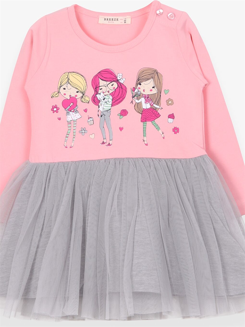 Pembe Bisiklet Yaka Uzun Kollu Baskılı Kız Bebek Elbise-4