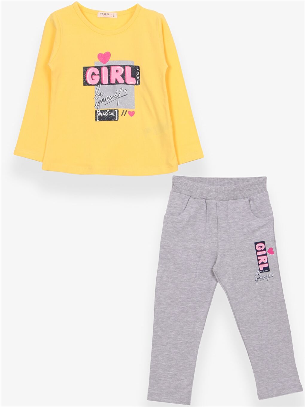 Sarı Bisiklet Yaka Baskılı Uzun Kollu Kız Çocuk Tişört ve Tayt