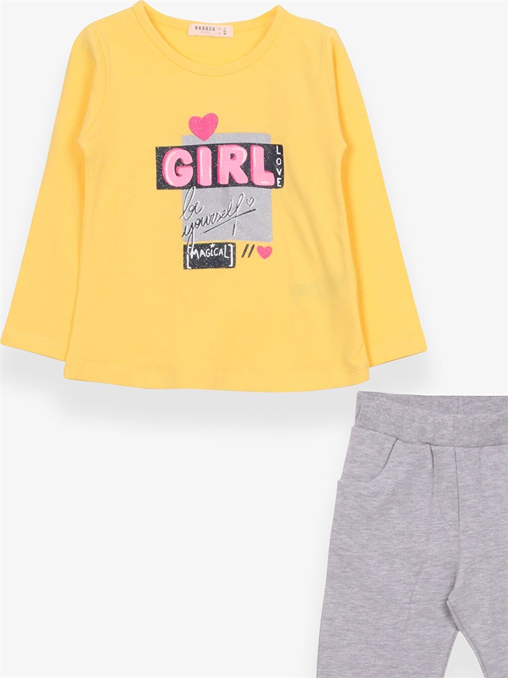 Sarı Bisiklet Yaka Baskılı Uzun Kollu Kız Çocuk Tişört ve Tayt-2