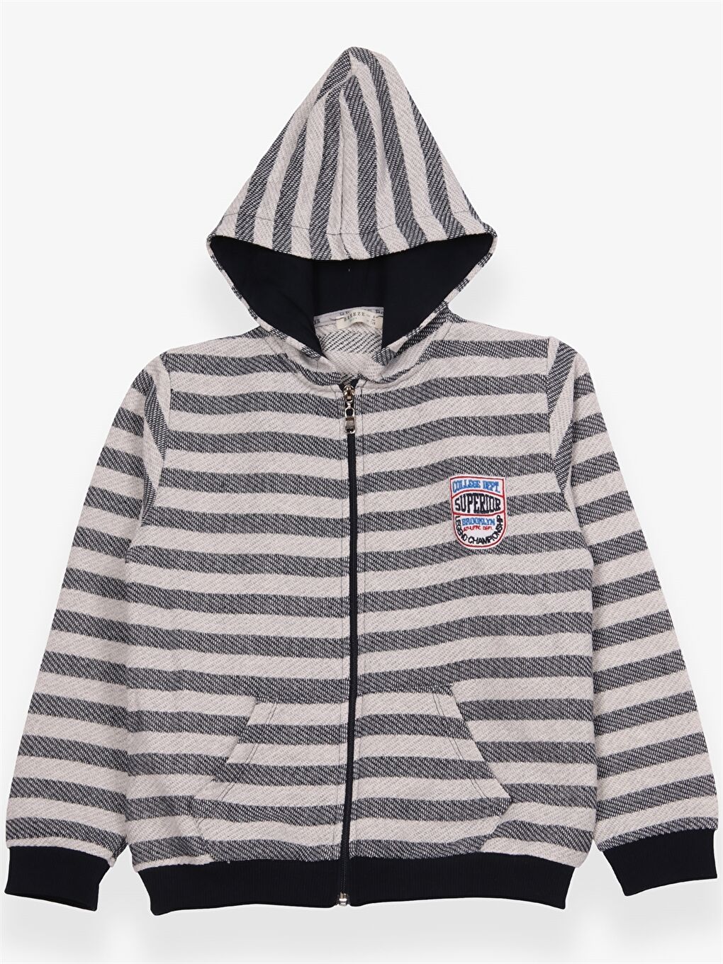 Gri Kapüşonlu Çizgili Uzun Kollu Erkek Çocuk Fermuarlı Sweatshirt