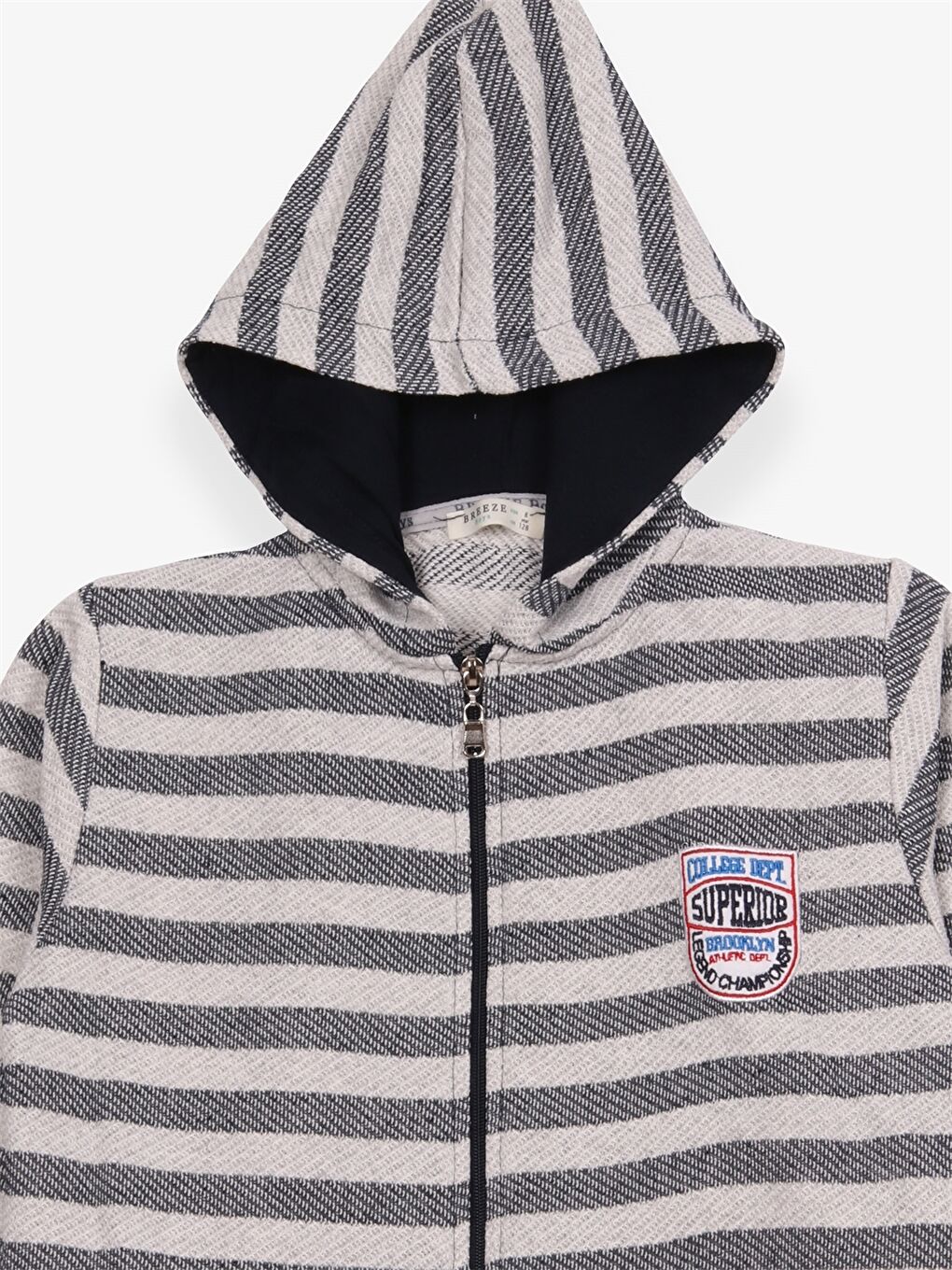 Gri Kapüşonlu Çizgili Uzun Kollu Erkek Çocuk Fermuarlı Sweatshirt-2