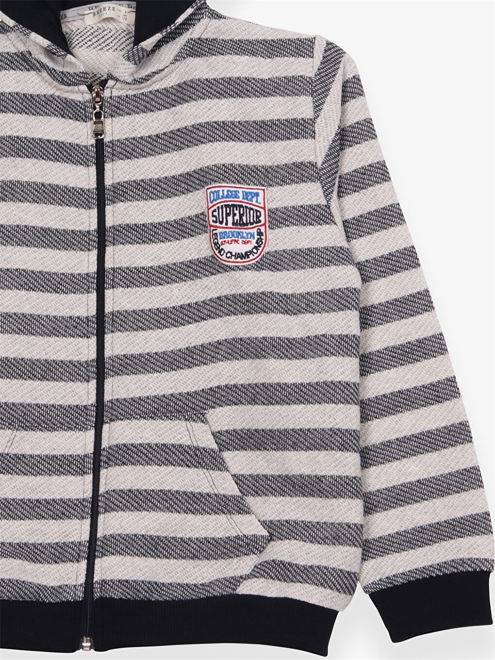 Gri Kapüşonlu Çizgili Uzun Kollu Erkek Çocuk Fermuarlı Sweatshirt-3