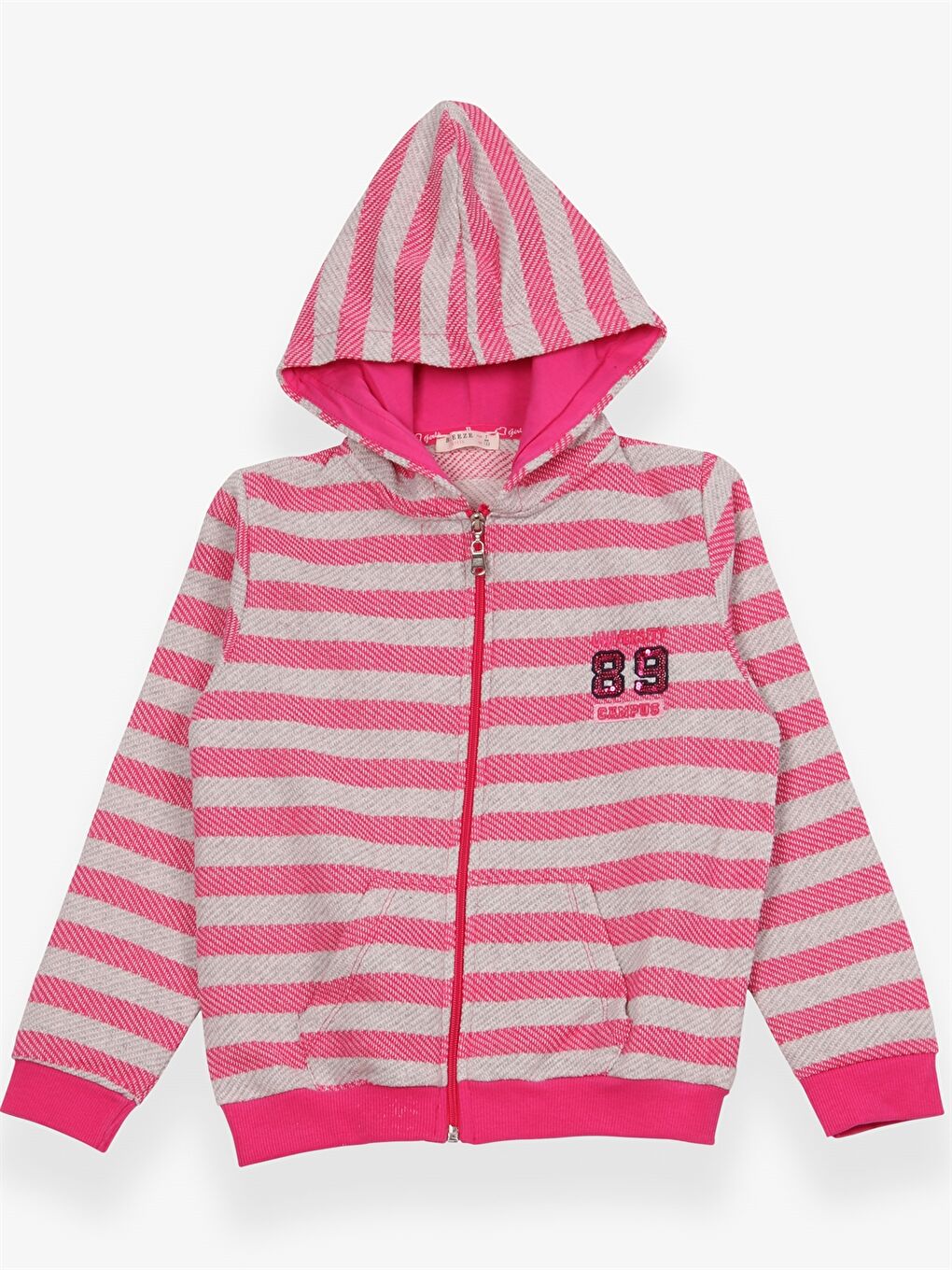 Pembe Kapüşonlu Çizgili Uzun Kollu Kız Çocuk Fermuarlı Sweatshirt
