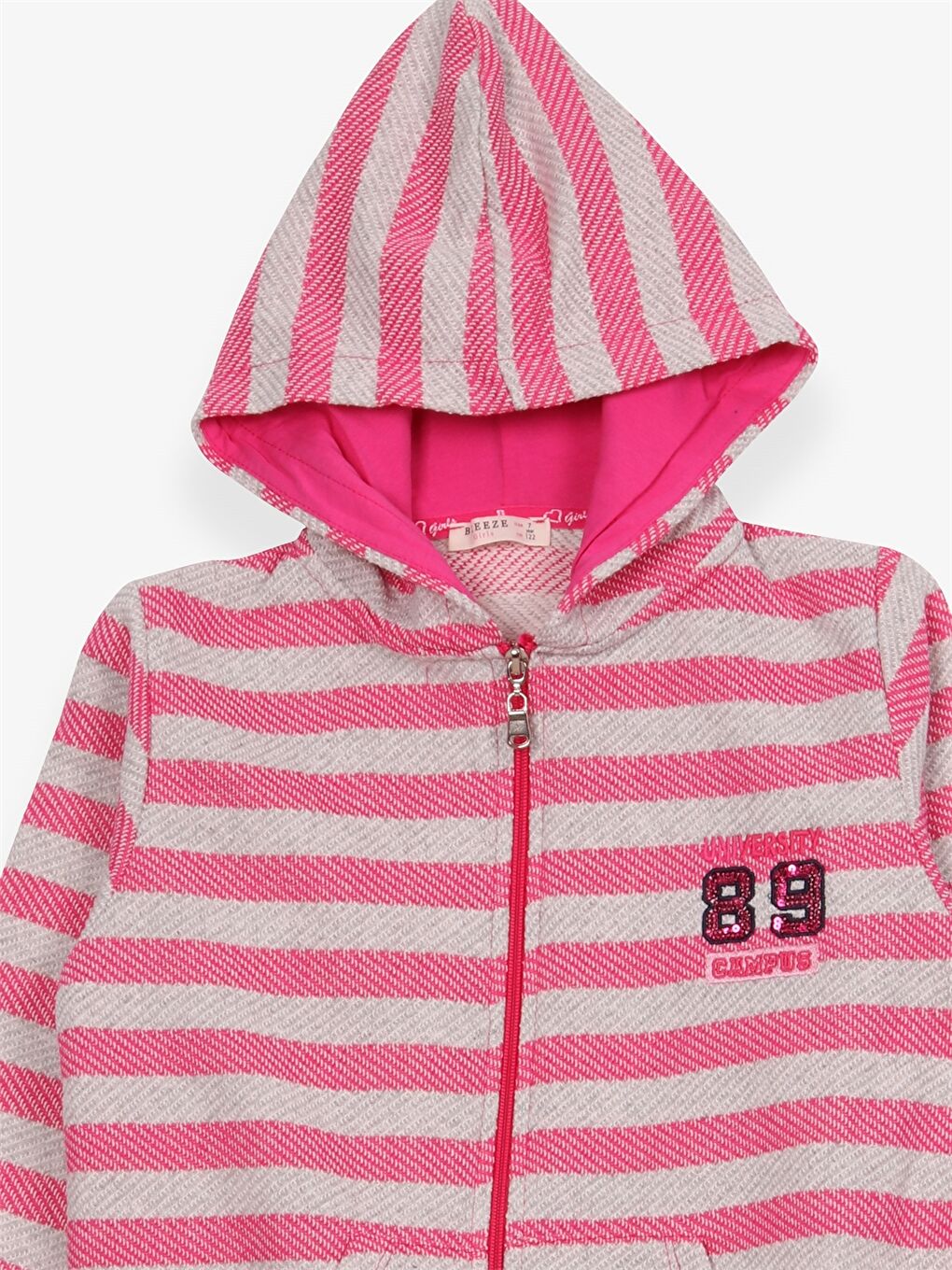 Pembe Kapüşonlu Çizgili Uzun Kollu Kız Çocuk Fermuarlı Sweatshirt-2