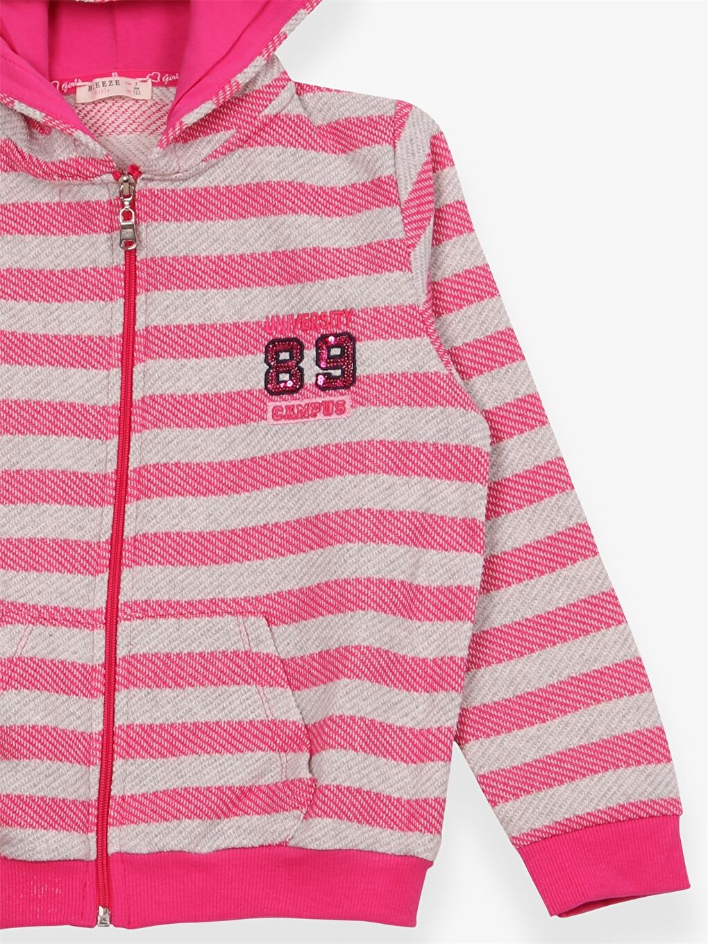 Pembe Kapüşonlu Çizgili Uzun Kollu Kız Çocuk Fermuarlı Sweatshirt-3