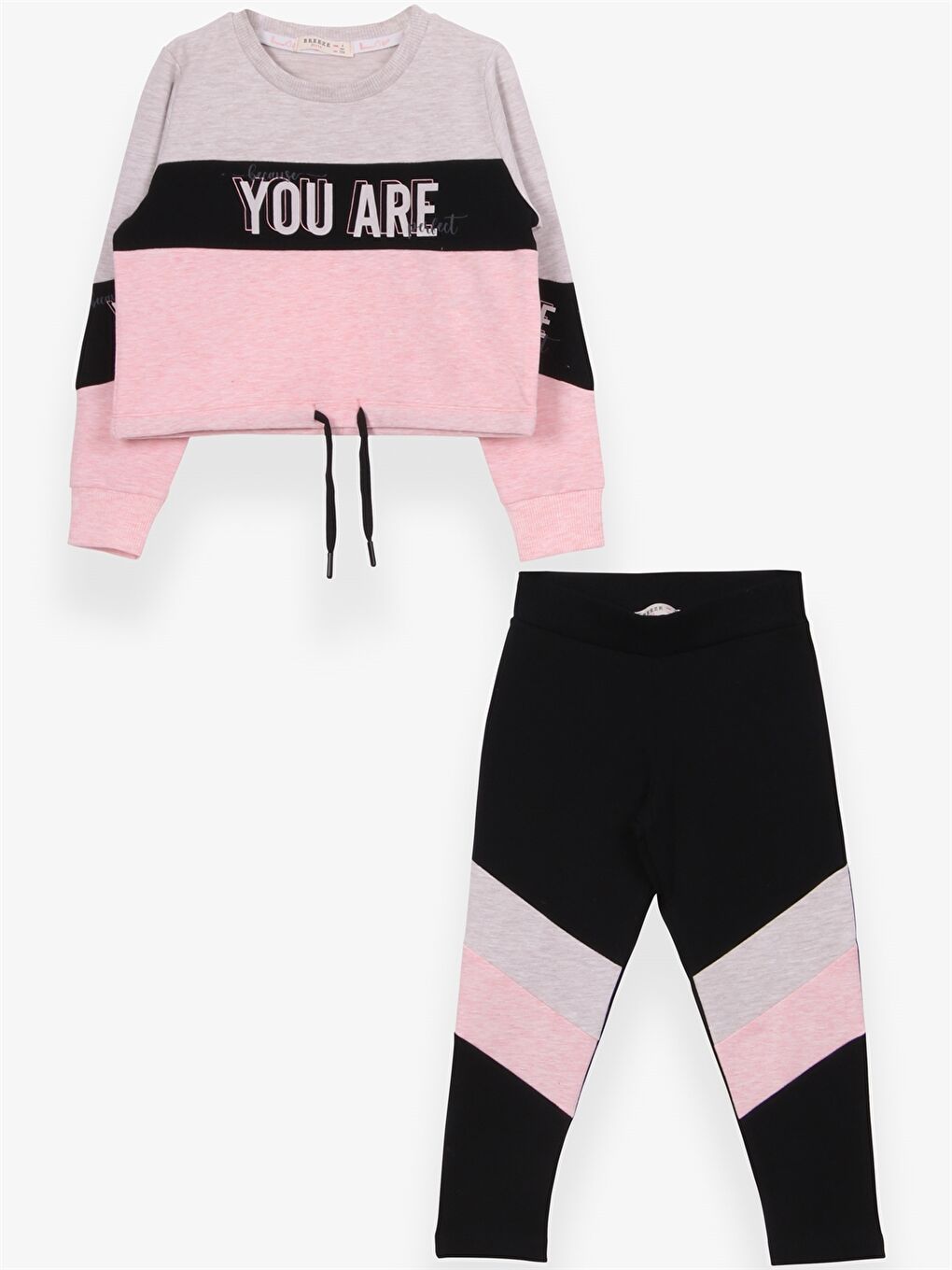 Bej Bisiklet Yaka Baskılı Uzun Kollu Kız Çocuk Tişört ve Tayt