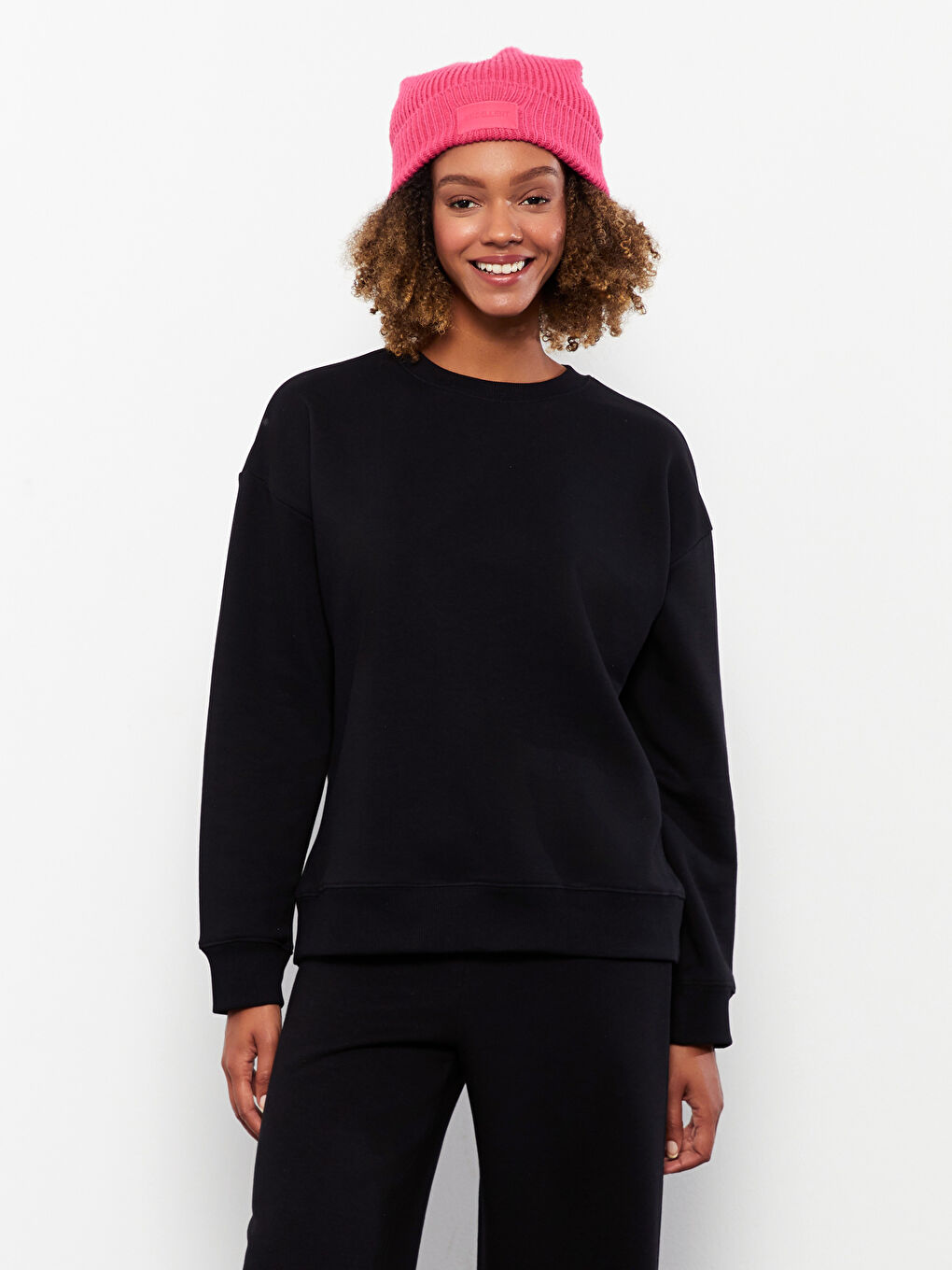 Siyah Bisiklet Yaka Düz Kadın Kalın Sweatshirt