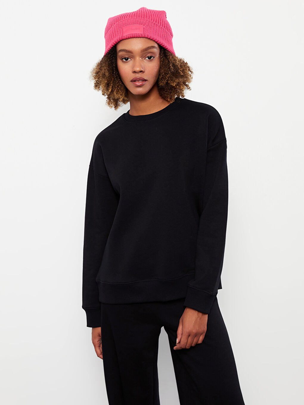 Siyah Bisiklet Yaka Düz Kadın Kalın Sweatshirt-2