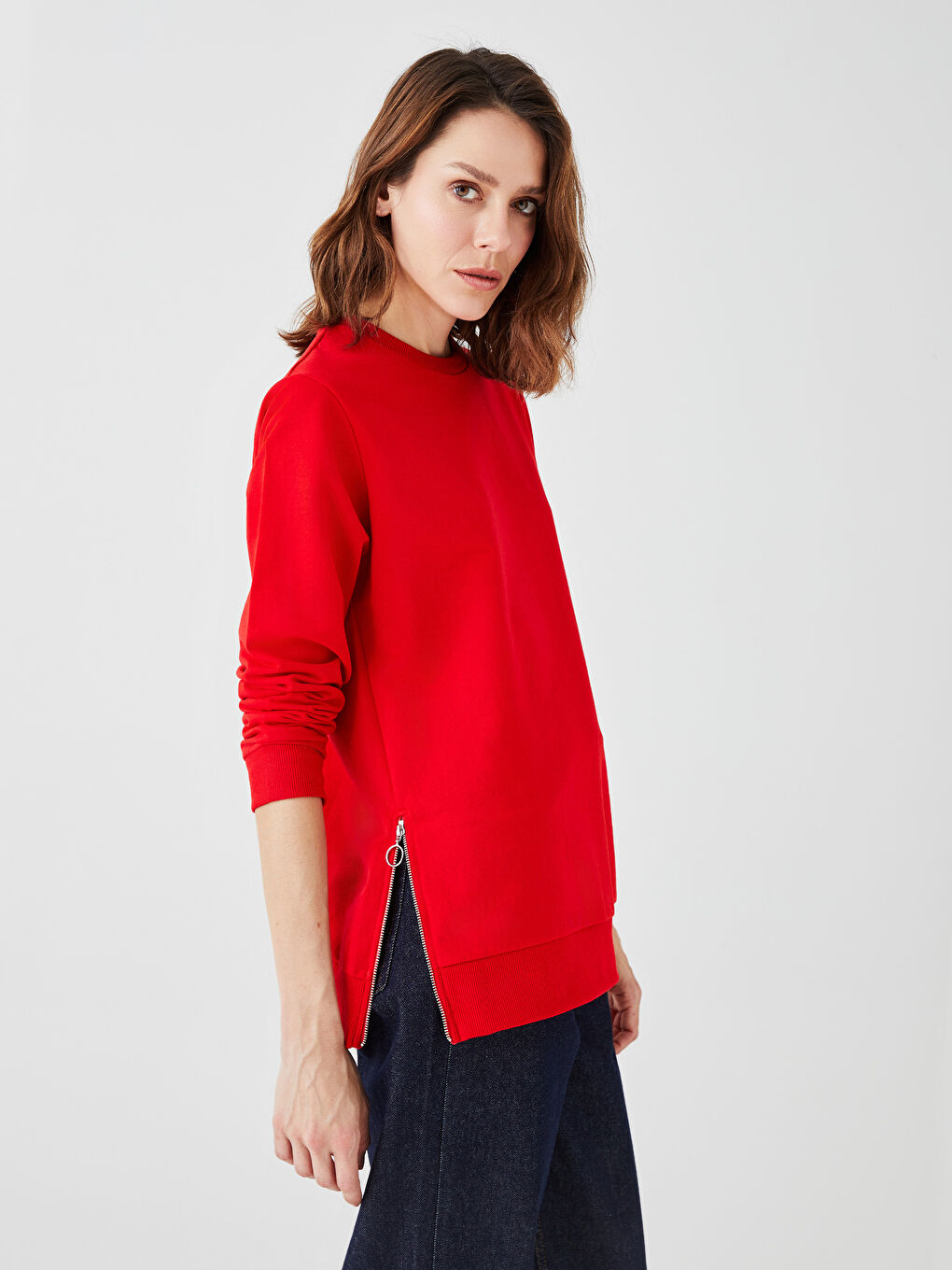 Kırmızı Bisiklet Yaka Düz Uzun Kollu Kadın Sweatshirt