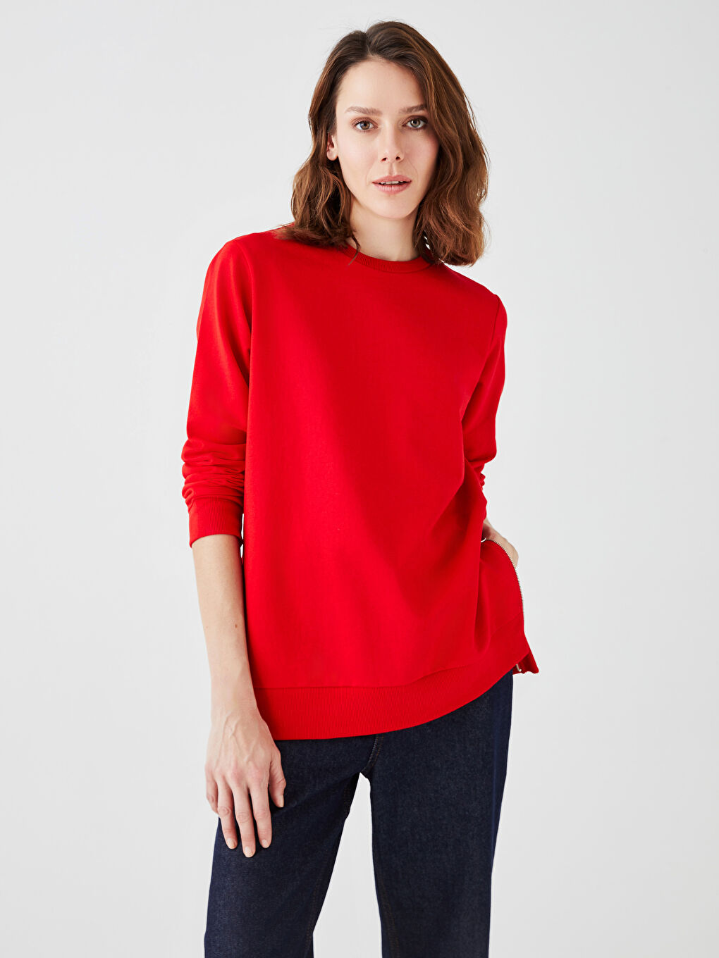 Kırmızı Bisiklet Yaka Düz Uzun Kollu Kadın Sweatshirt-1