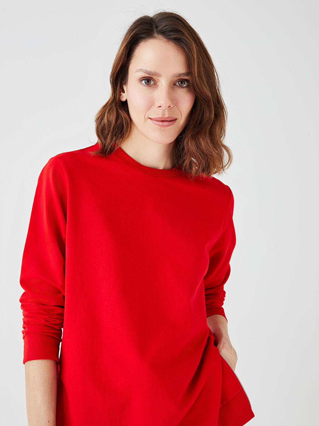 Kırmızı Bisiklet Yaka Düz Uzun Kollu Kadın Sweatshirt-2