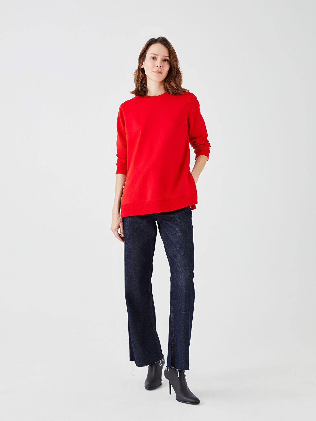 Kırmızı Bisiklet Yaka Düz Uzun Kollu Kadın Sweatshirt-3