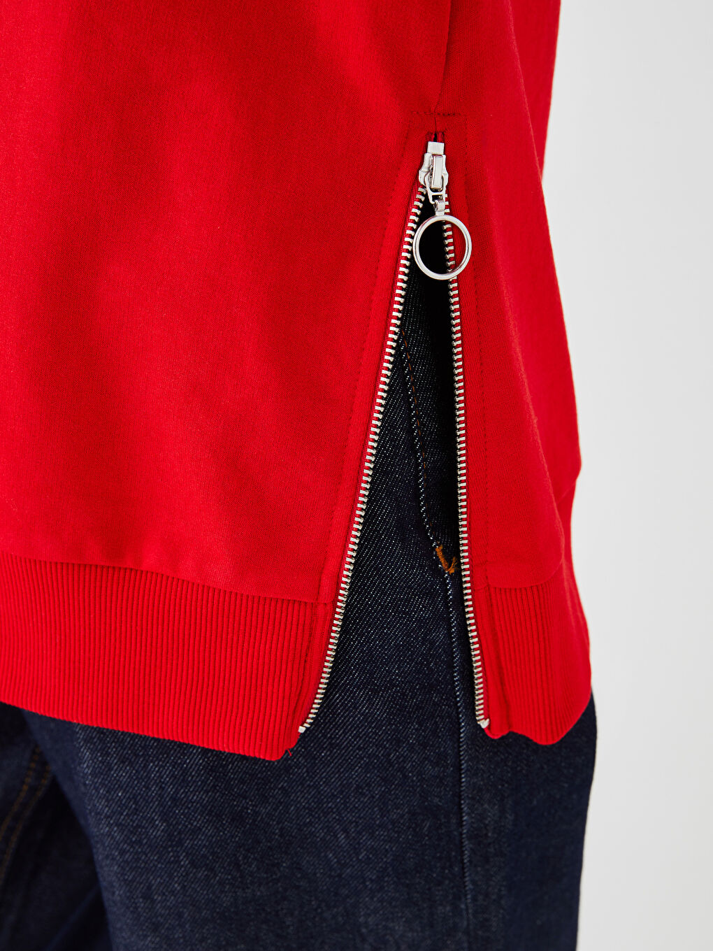 Kırmızı Bisiklet Yaka Düz Uzun Kollu Kadın Sweatshirt-4