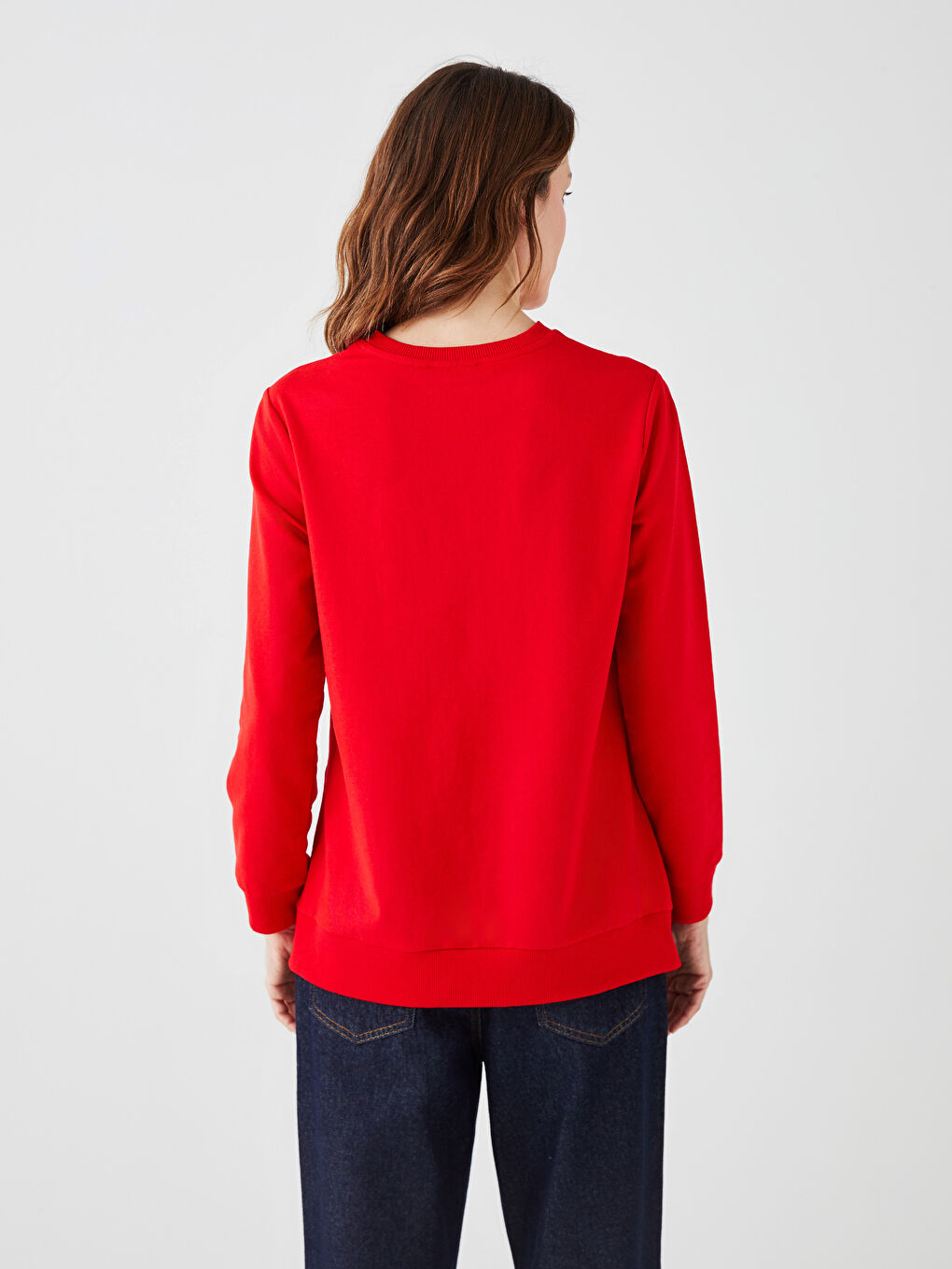 Kırmızı Bisiklet Yaka Düz Uzun Kollu Kadın Sweatshirt-5