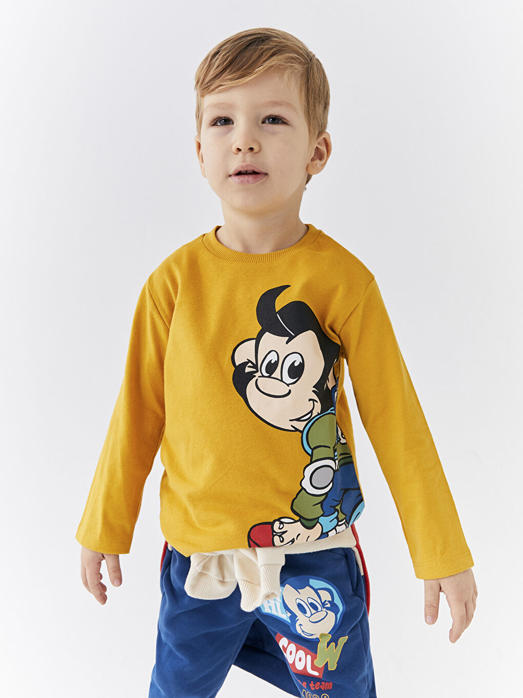 Tricou pentru Bebeluși Băieți cu Mânecă Lungă, Guler Rotund, Imprimat cu Maimuță Nostalgică