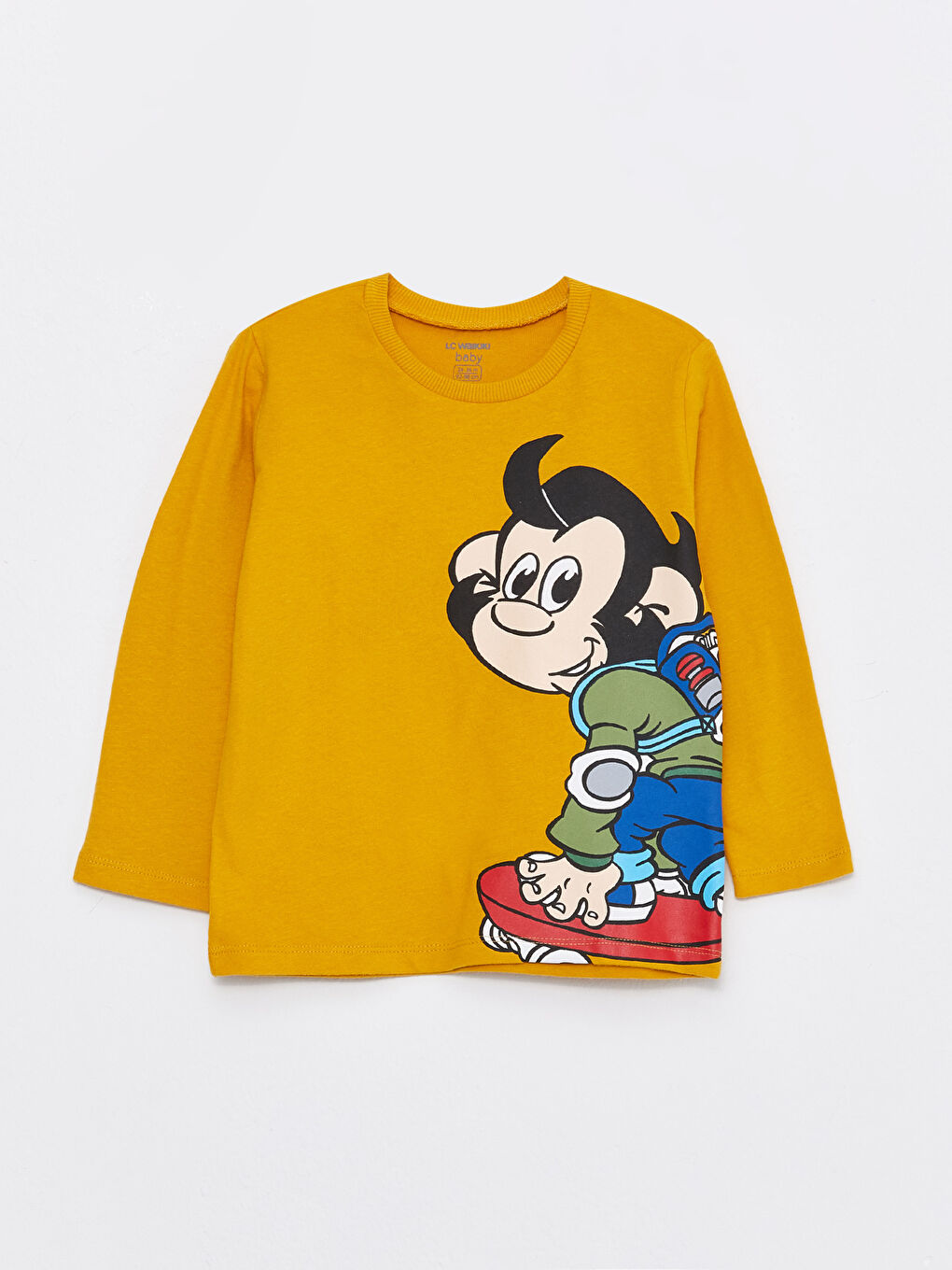 Tricou pentru Bebeluși Băieți cu Mânecă Lungă, Guler Rotund, Imprimat cu Maimuță Nostalgică-3