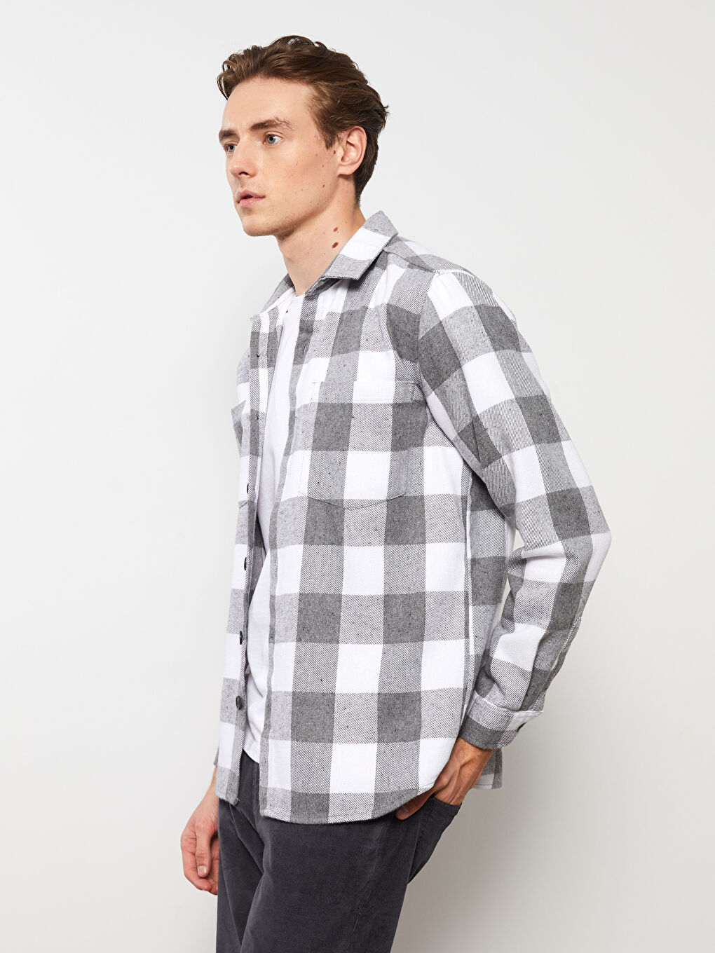 Gri Regular Fit Uzun Kollu Ekose Erkek Oduncu Gömlek