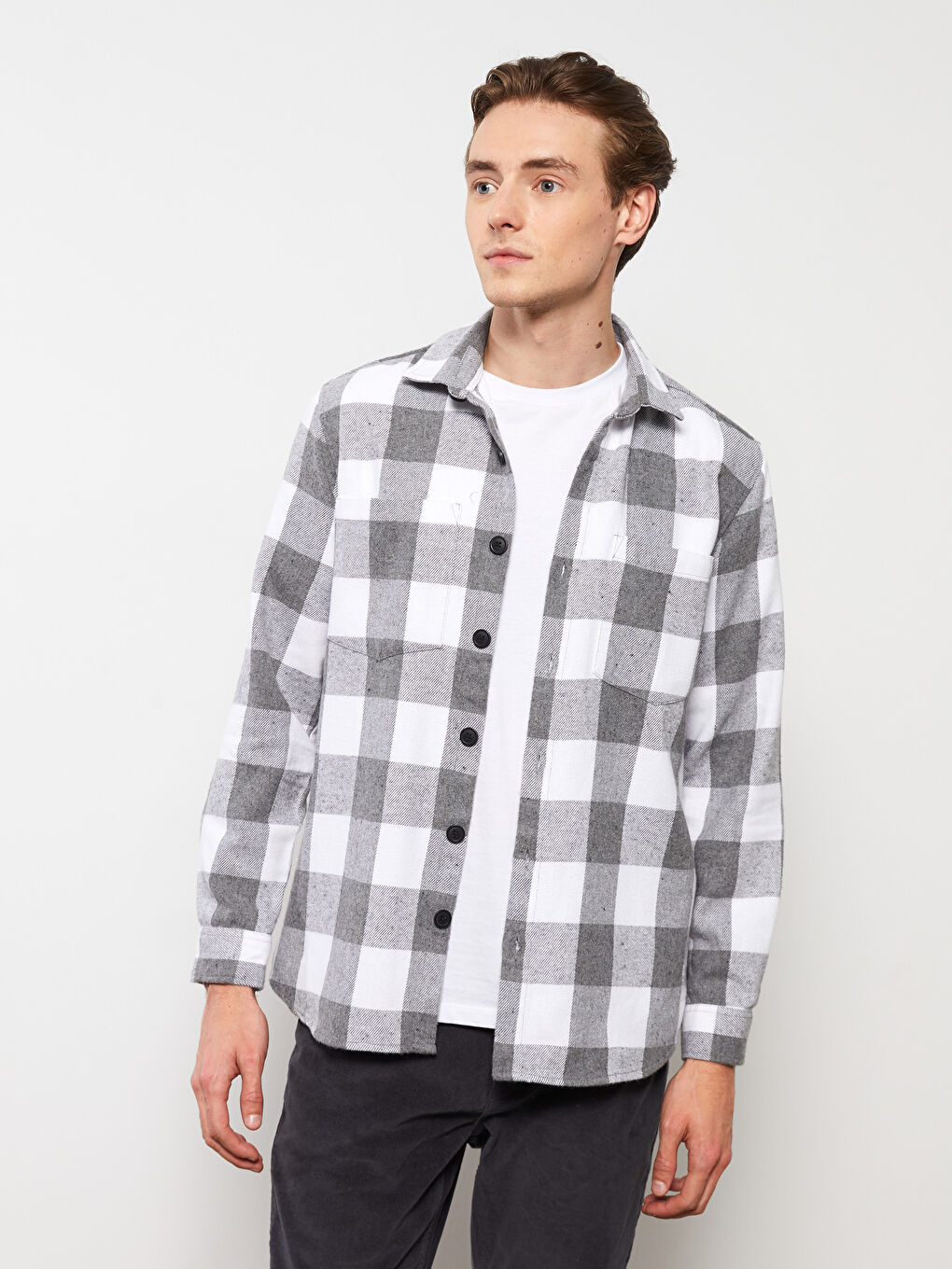 Gri Regular Fit Uzun Kollu Ekose Erkek Oduncu Gömlek-1