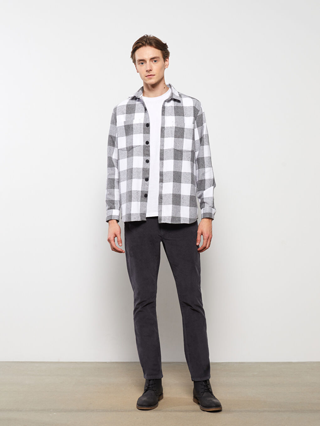 Gri Regular Fit Uzun Kollu Ekose Erkek Oduncu Gömlek-2