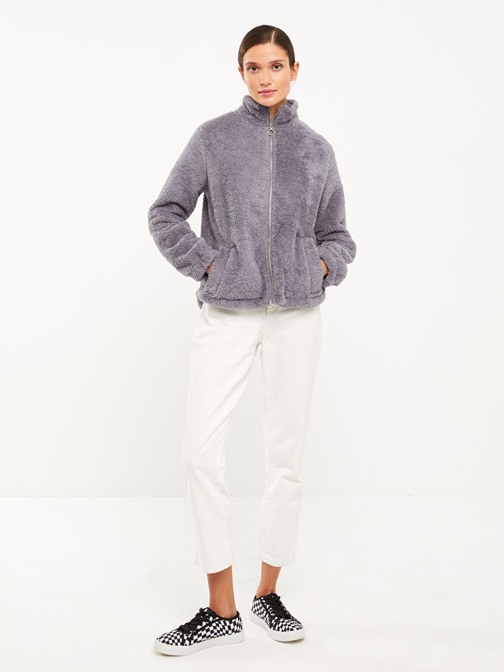 Mavi Dik Yaka Düz Uzun Kollu Pelüş Kadın Mont-1