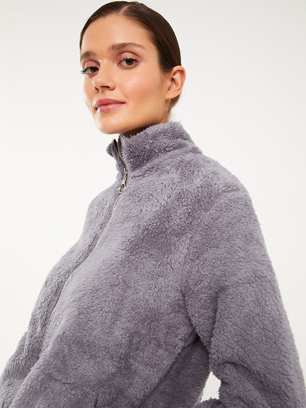 Mavi Dik Yaka Düz Uzun Kollu Pelüş Kadın Mont-2