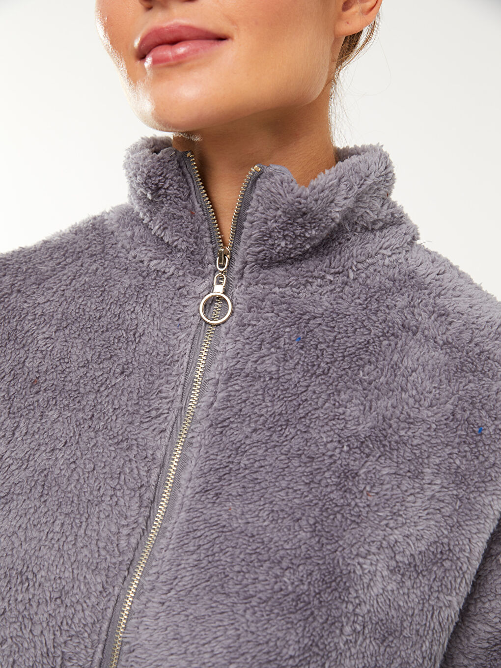 Mavi Dik Yaka Düz Uzun Kollu Pelüş Kadın Mont-3