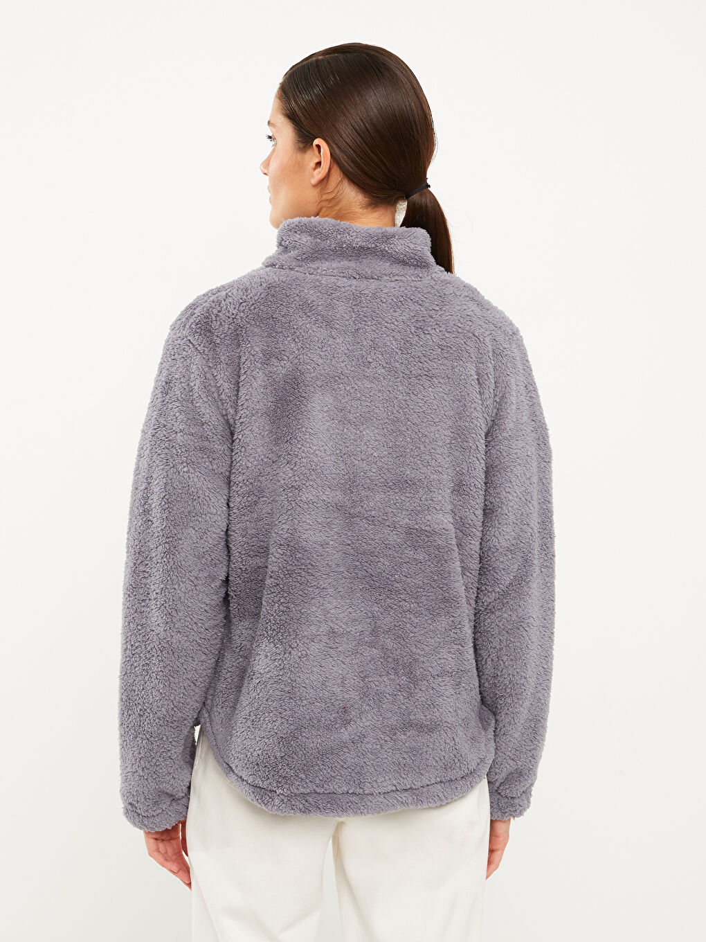 Mavi Dik Yaka Düz Uzun Kollu Pelüş Kadın Mont-5