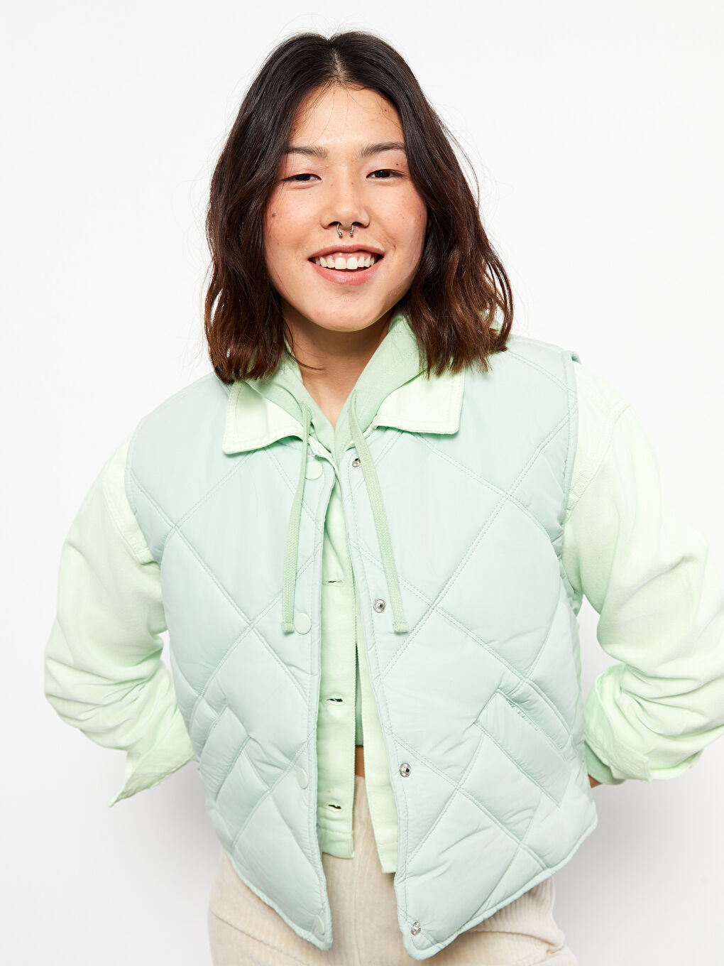 Yeşil Bisiklet Yaka Kapitone Kadın Yelek-1