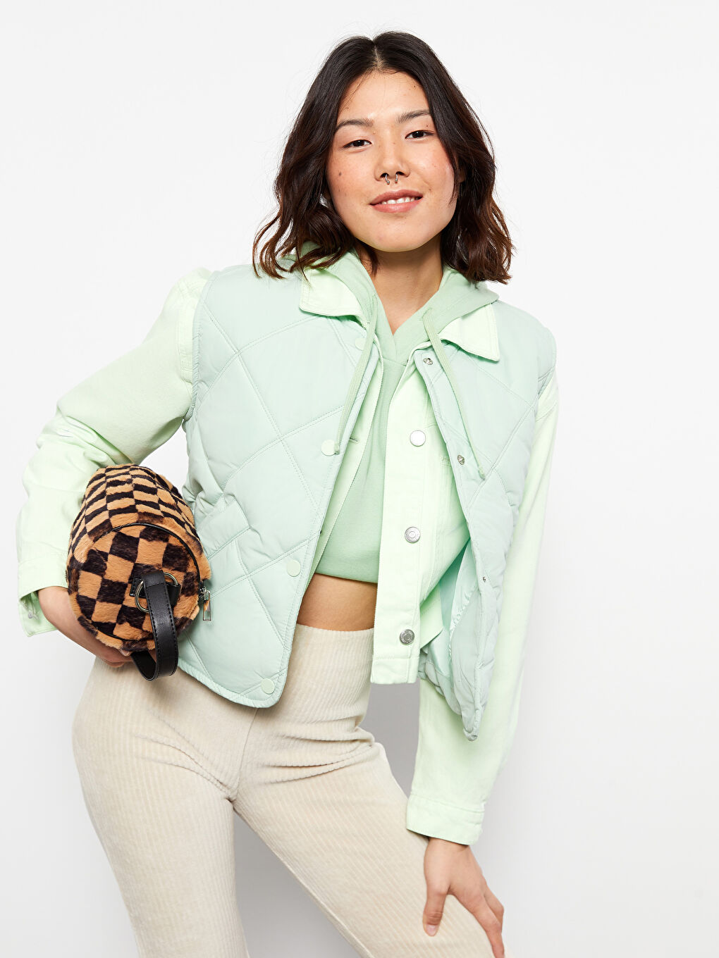 Yeşil Bisiklet Yaka Kapitone Kadın Yelek-2