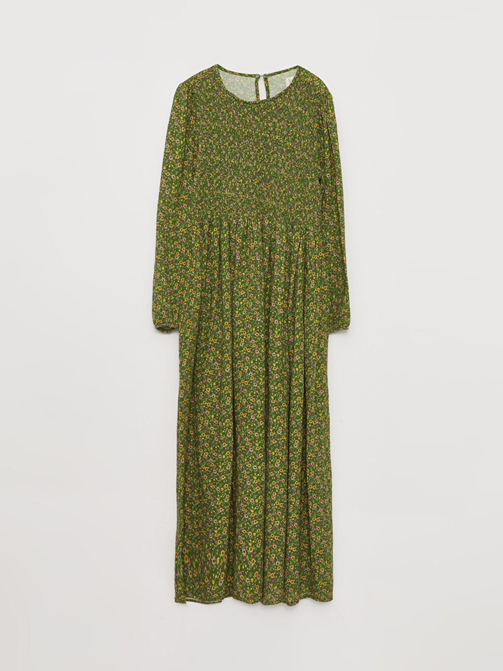 Yeşil Bisiklet Yaka Çiçekli Uzun Kollu Müslin Kadın Elbise Anne Kız Kombini-5