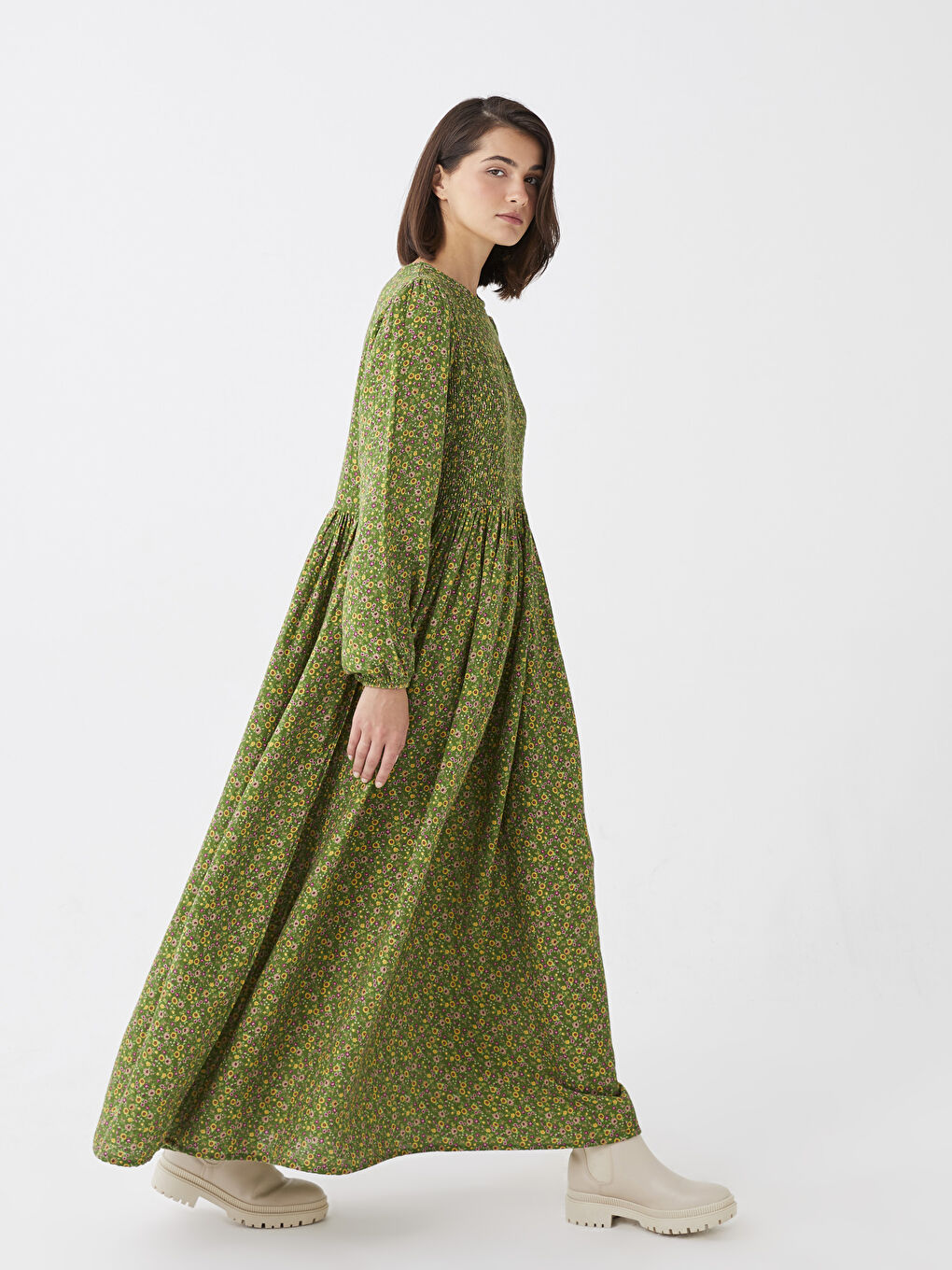 Yeşil Bisiklet Yaka Çiçekli Uzun Kollu Müslin Kadın Elbise Anne Kız Kombini