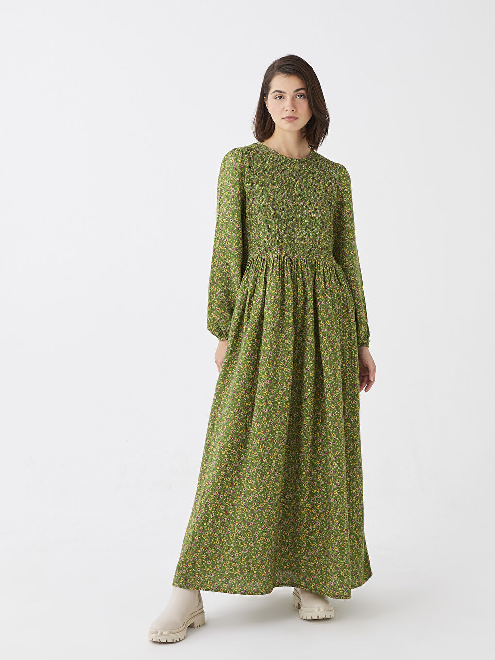 Yeşil Bisiklet Yaka Çiçekli Uzun Kollu Müslin Kadın Elbise Anne Kız Kombini-1