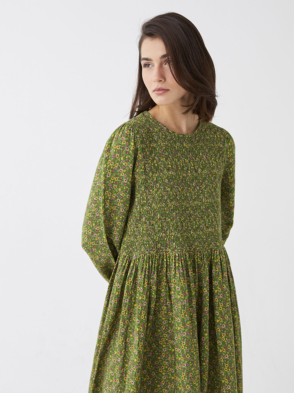 Yeşil Bisiklet Yaka Çiçekli Uzun Kollu Müslin Kadın Elbise Anne Kız Kombini-2