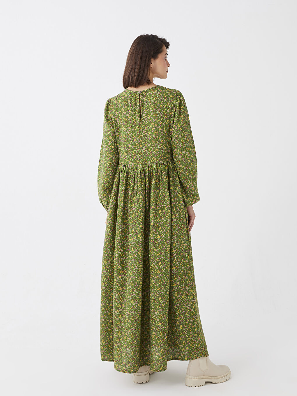 Yeşil Bisiklet Yaka Çiçekli Uzun Kollu Müslin Kadın Elbise Anne Kız Kombini-4