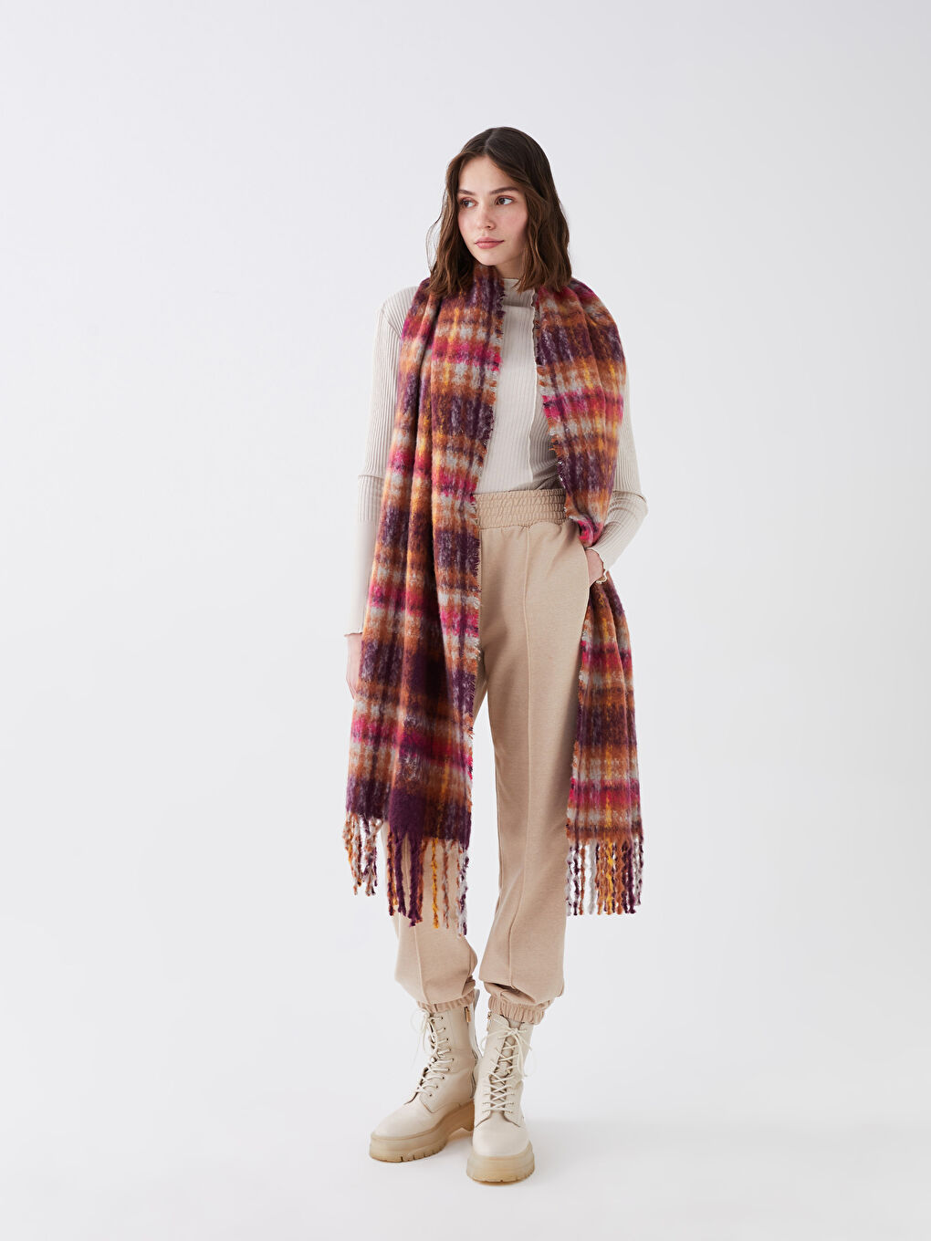 Mor Ekose Saçaklı Kadın Atkı-1