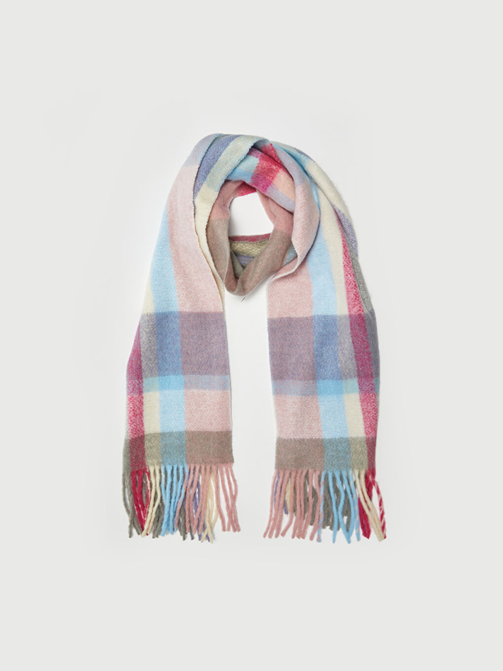 Mavi Ekose Desenli Saçaklı Kadın Atkı-2