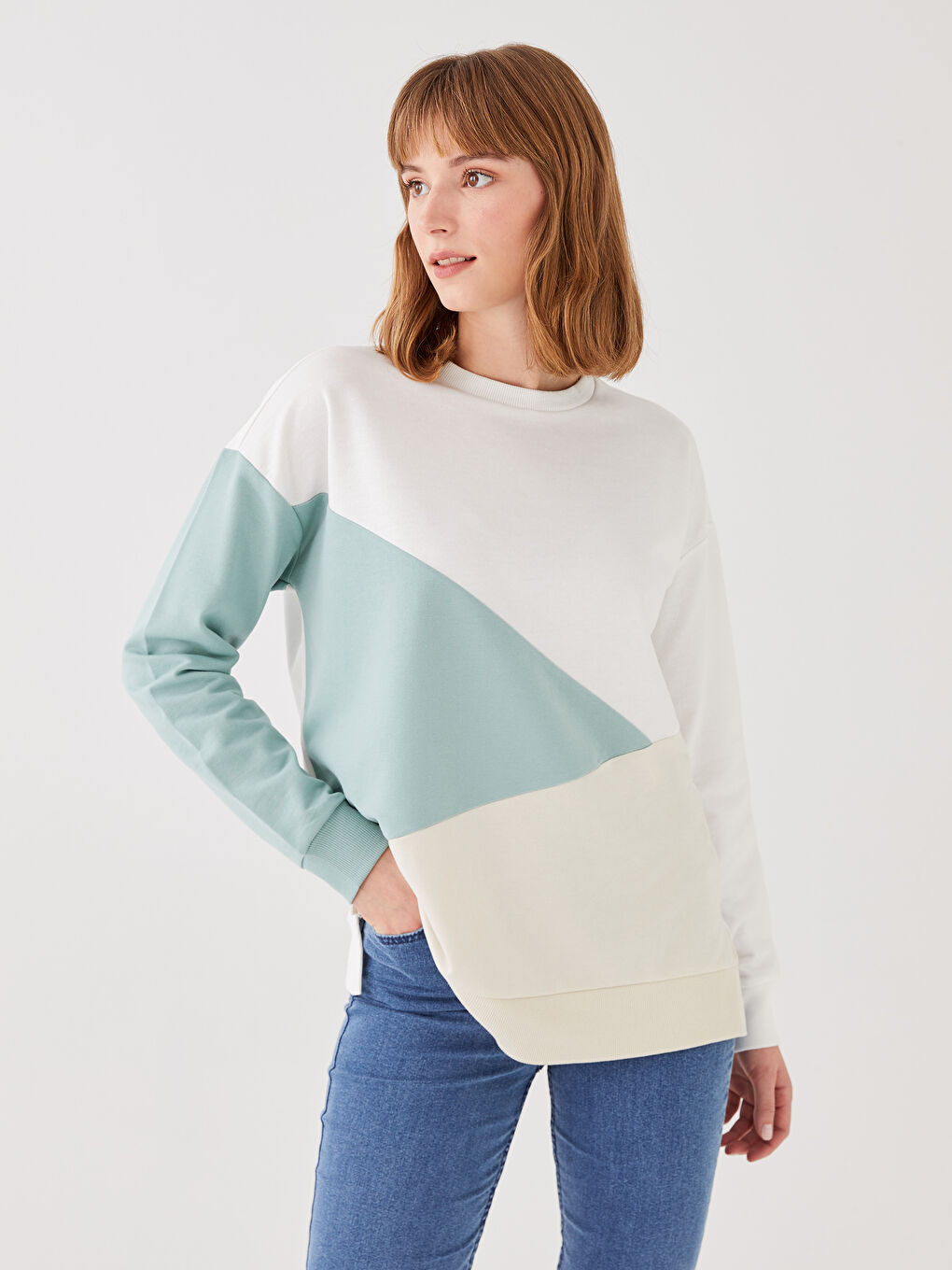 Ekru Bisiklet Yaka Renk Bloklu Uzun Kollu Kadın Sweatshirt-1