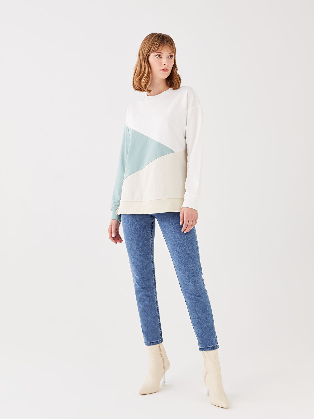 Ekru Bisiklet Yaka Renk Bloklu Uzun Kollu Kadın Sweatshirt-2