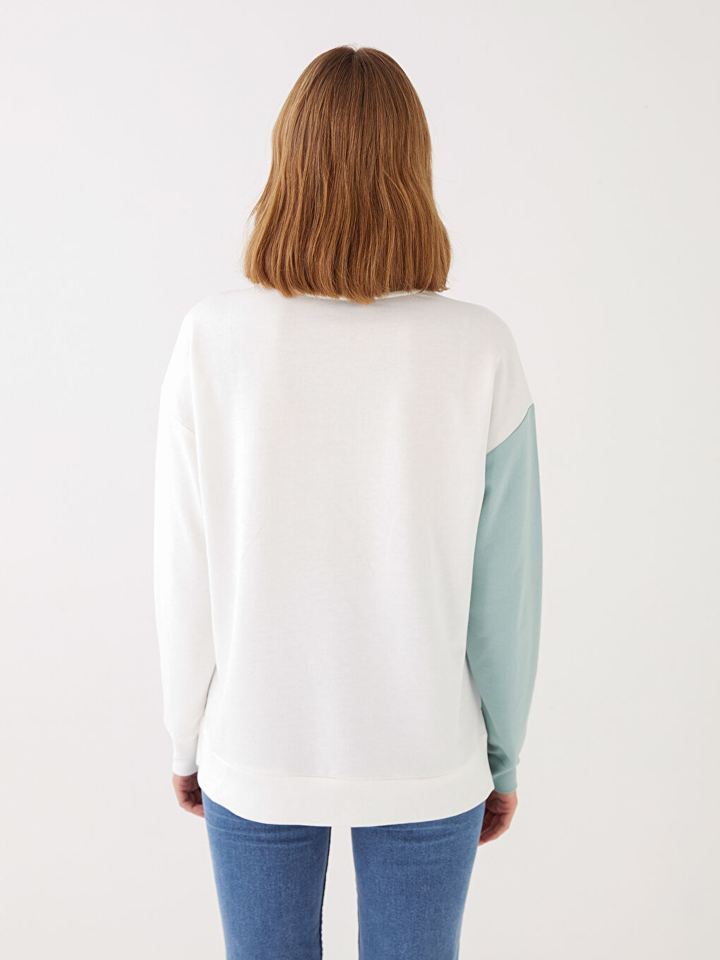 Ekru Bisiklet Yaka Renk Bloklu Uzun Kollu Kadın Sweatshirt-4