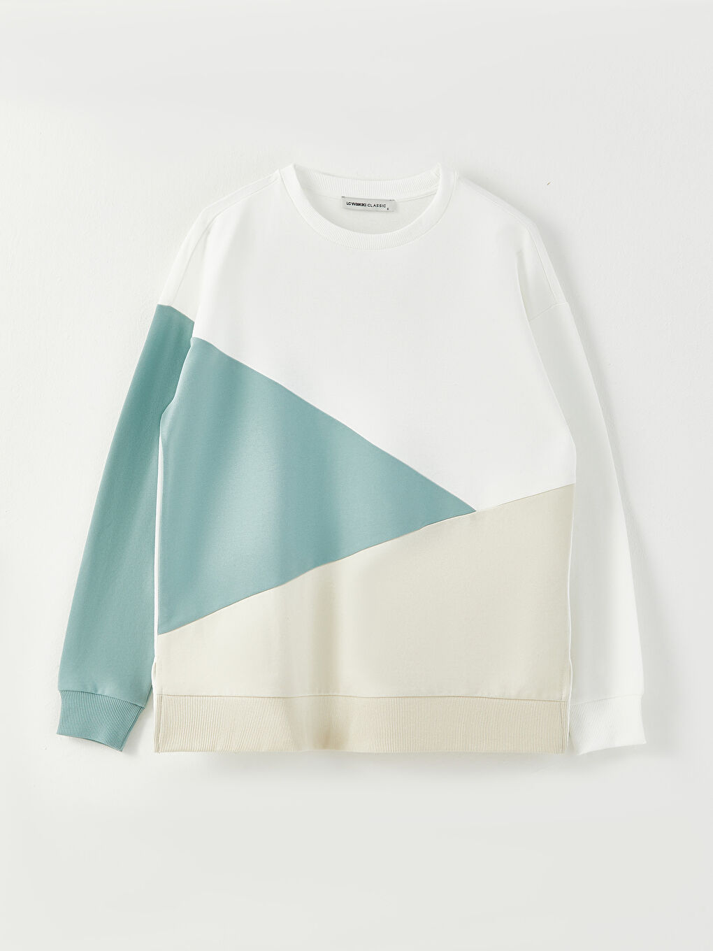 Ekru Bisiklet Yaka Renk Bloklu Uzun Kollu Kadın Sweatshirt-5