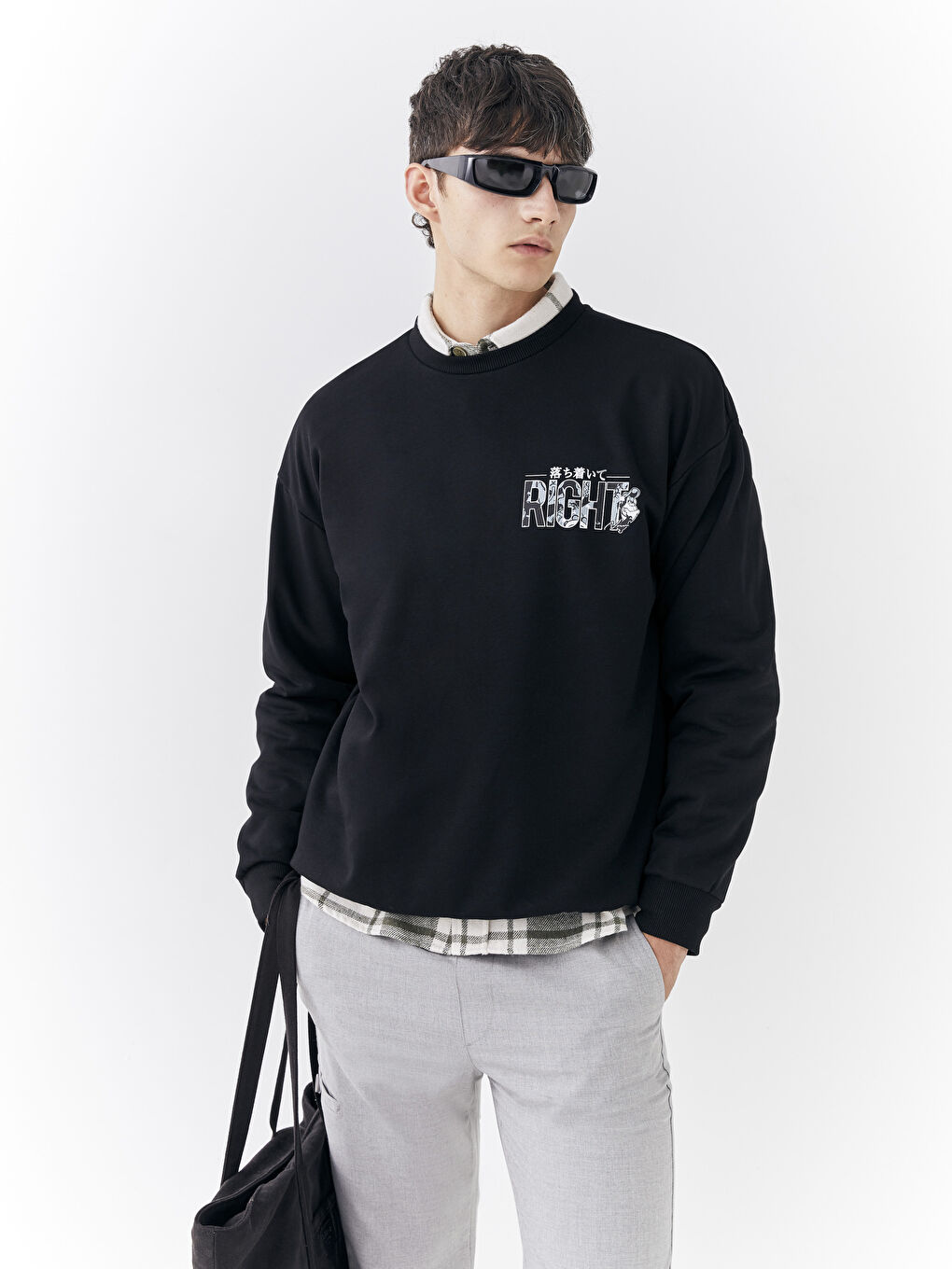 Siyah Bisiklet Yaka Uzun Kollu Nostaljik Maymun Baskılı Erkek Kalın Sweatshirt