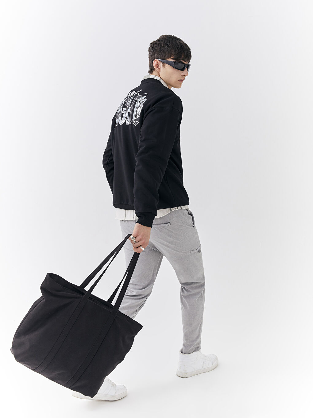 Siyah Bisiklet Yaka Uzun Kollu Nostaljik Maymun Baskılı Erkek Kalın Sweatshirt-2