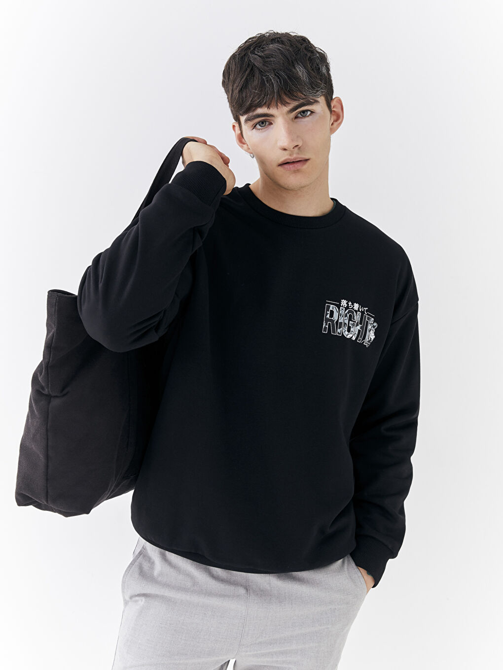 Siyah Bisiklet Yaka Uzun Kollu Nostaljik Maymun Baskılı Erkek Kalın Sweatshirt-4