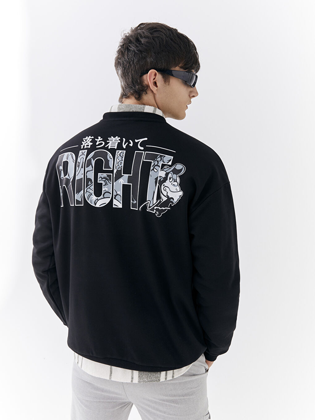 Siyah Bisiklet Yaka Uzun Kollu Nostaljik Maymun Baskılı Erkek Kalın Sweatshirt-8