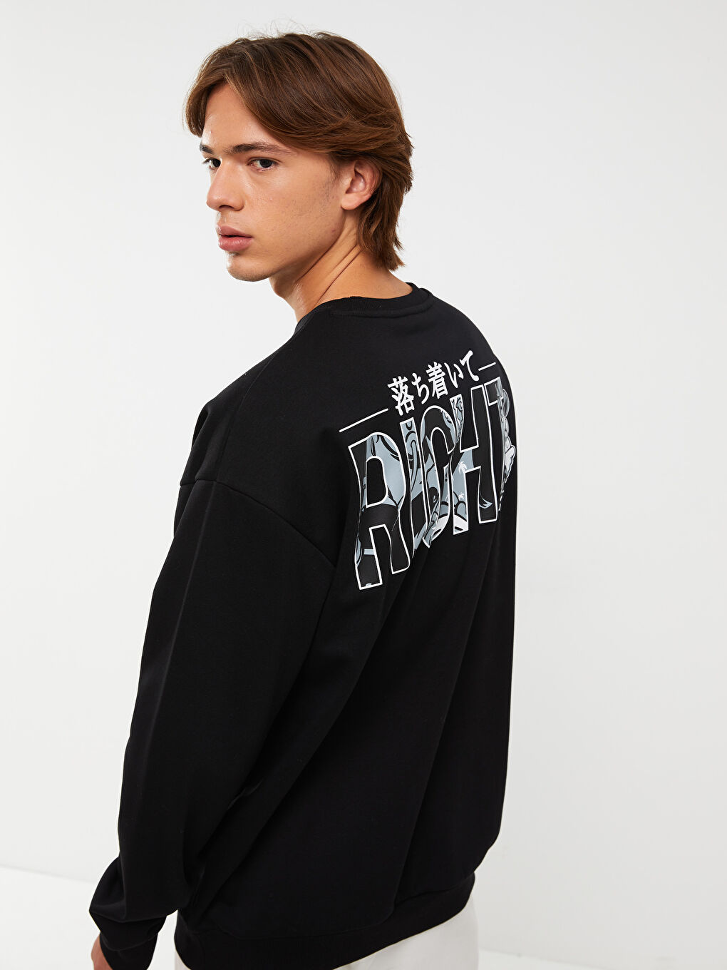 Siyah Bisiklet Yaka Uzun Kollu Nostaljik Maymun Baskılı Erkek Kalın Sweatshirt-1