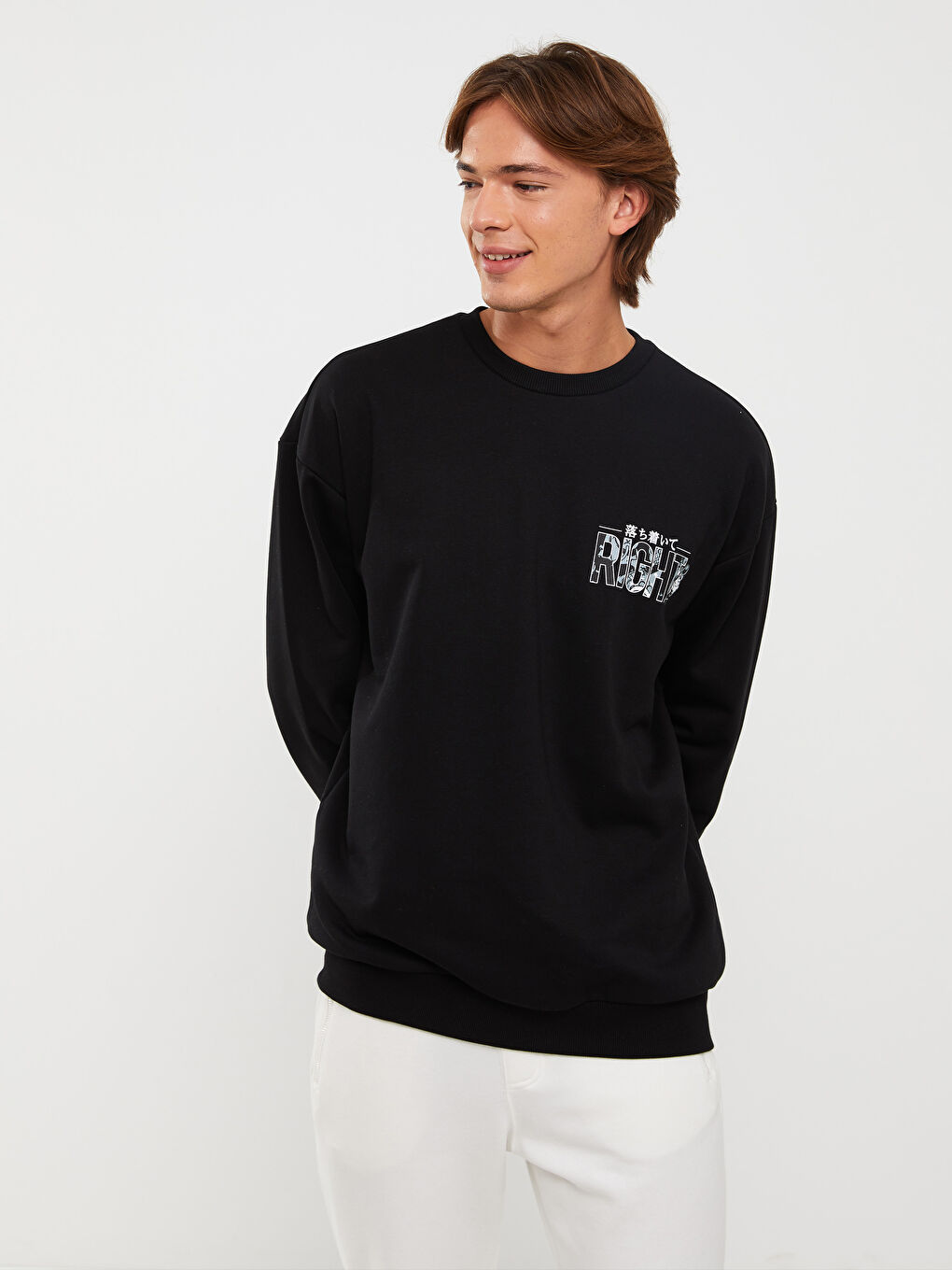 Siyah Bisiklet Yaka Uzun Kollu Nostaljik Maymun Baskılı Erkek Kalın Sweatshirt-3