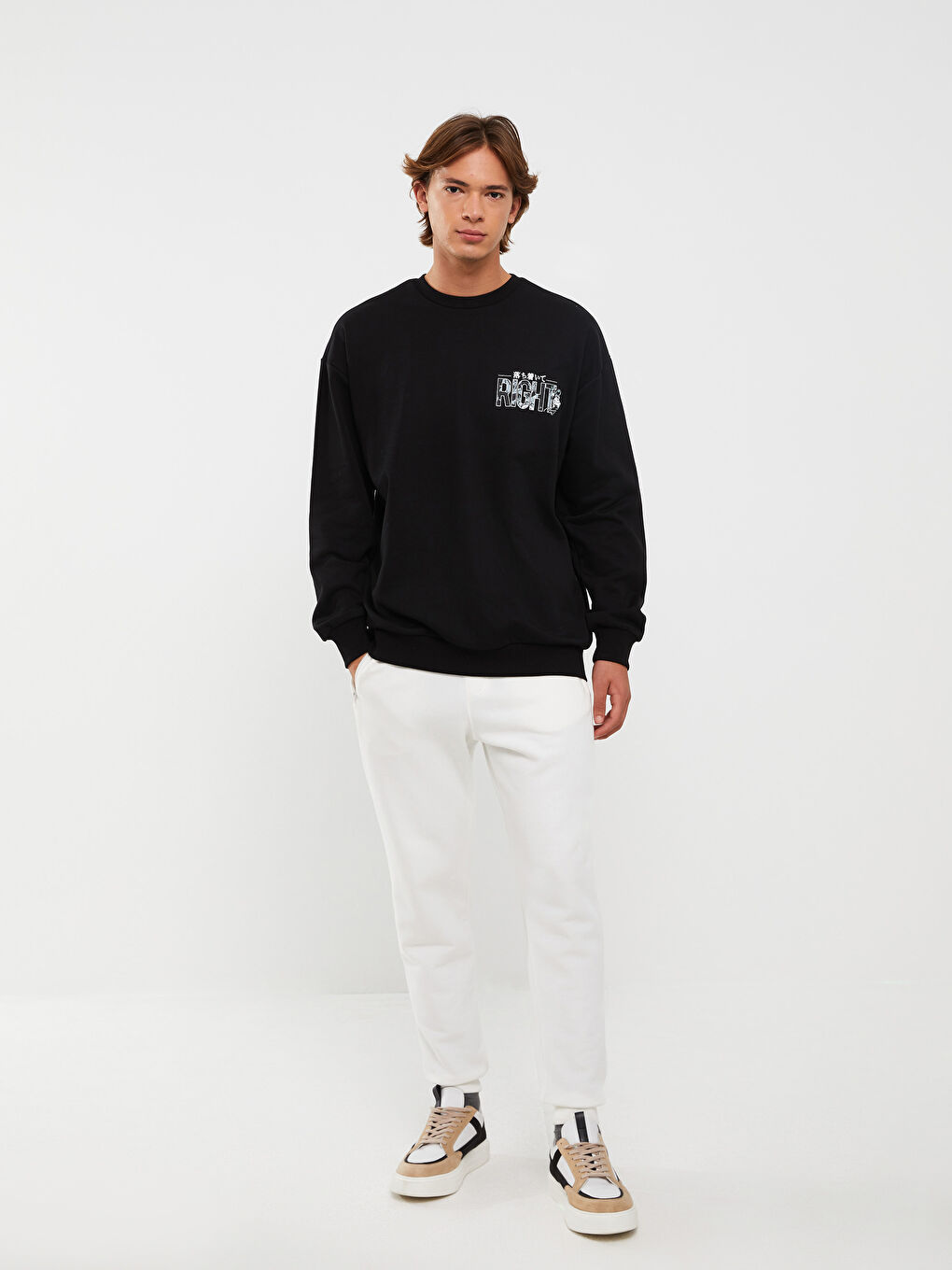 Siyah Bisiklet Yaka Uzun Kollu Nostaljik Maymun Baskılı Erkek Kalın Sweatshirt-5